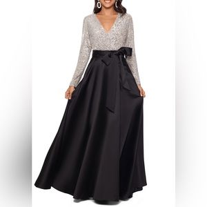 Xscape Full length, long-sleeve gown. Size 14